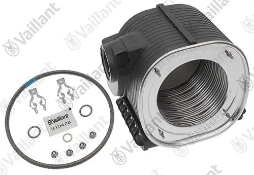 Vaillant Wärmetauscher, runde Bauform mit Anschlussstücke, Dichtungen und Montagematerial, geeignet für Heizungsanwendungen.